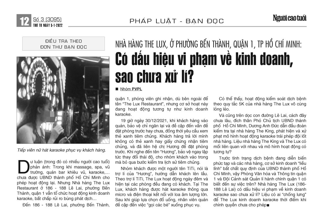 Nhà hàng The Lux, ở phường Bến Thành, quận 1, TP Hồ Chí Minh: Có dấu hiệu vi phạm về kinh doanh, sao chưa xử lý?